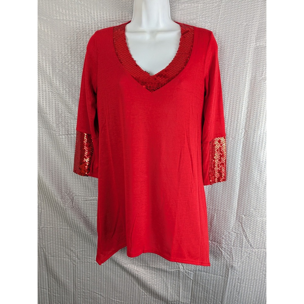 Slinky Brand Womens XS Red Sequin V-Neck 3/4 Sleeve Sharkbite Hem Tunic Top